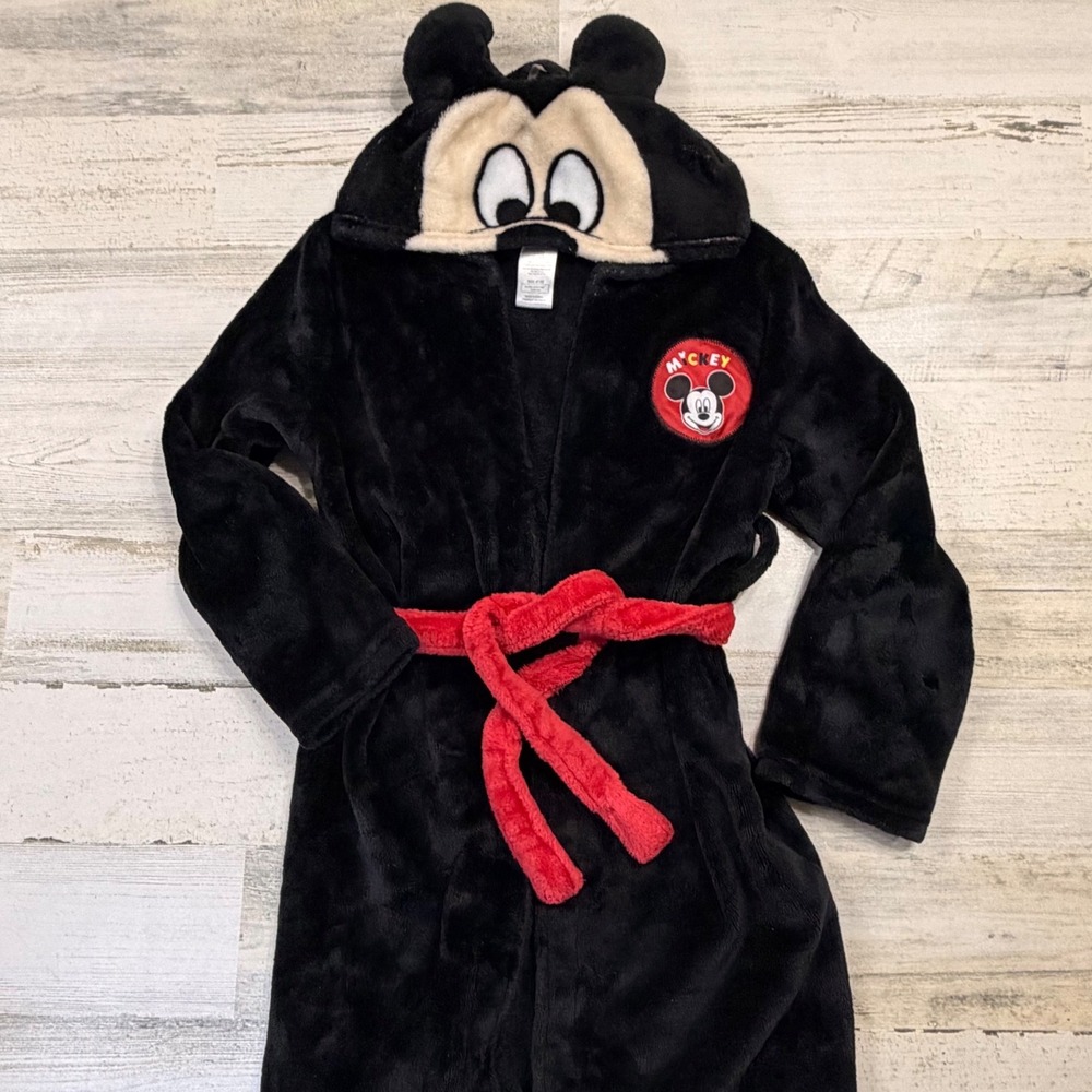 Disney Mickey Mouse Bathrobe Kids 4T/5T Black Excellent Hooded Fleece Robe